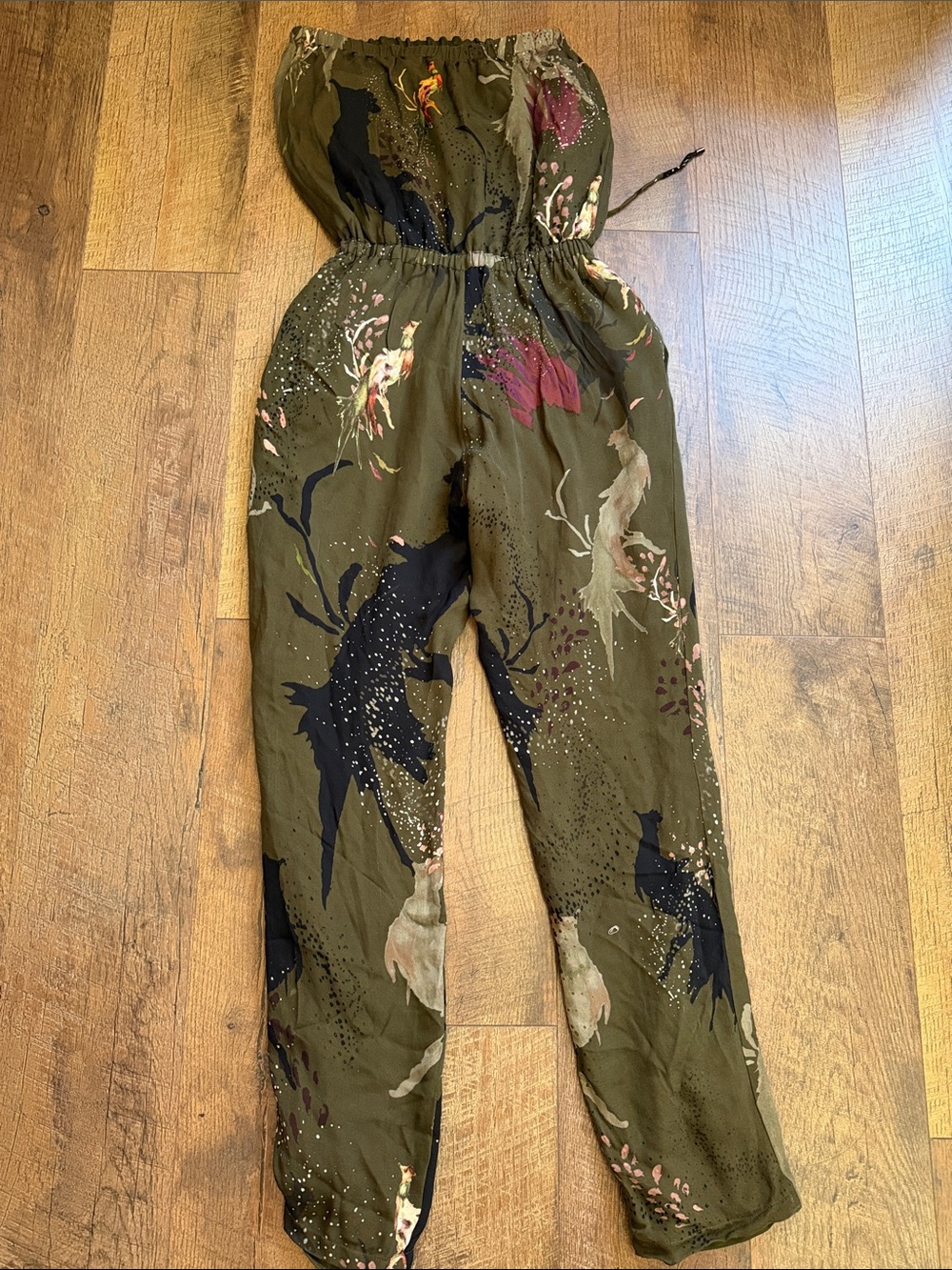 Haute Hippie Olive Floral Strapless Romper with Black & Pink Accents